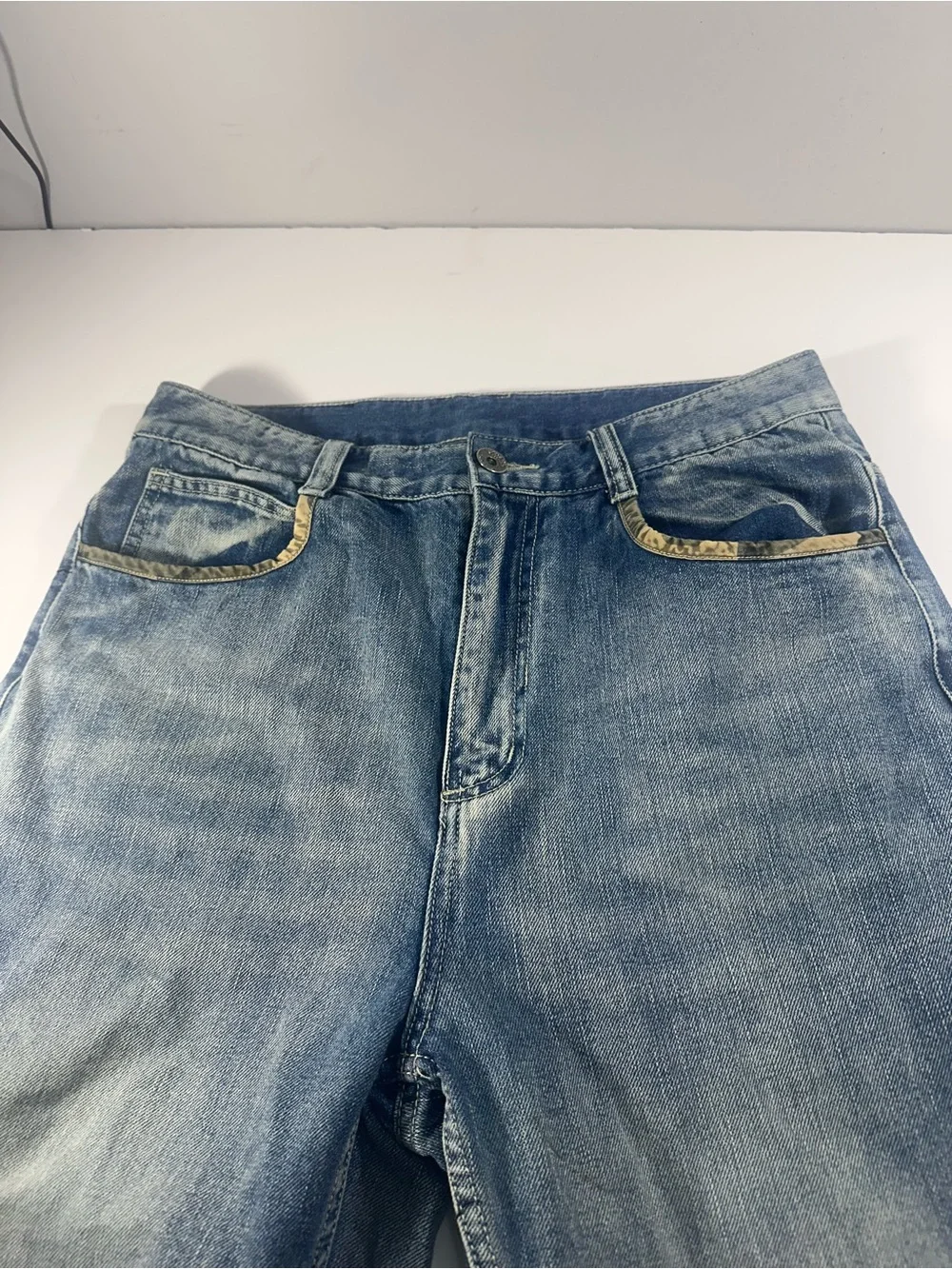Men’s Cargo Jeans Size 32x31 Blue Denim Camo Trim Utility Multi-Pocket Y2K 90s